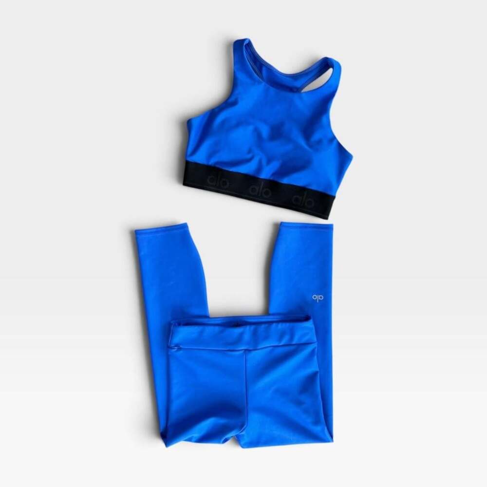 Alo Yoga Cobalt Blue Logo Band Sports Bra and Leggings | Womens Size XS